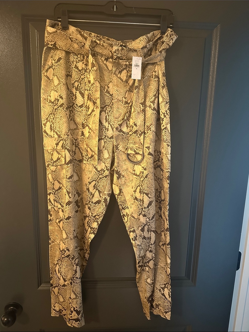 Snake Print Paperbag Waist Trousers in Beige and Brown